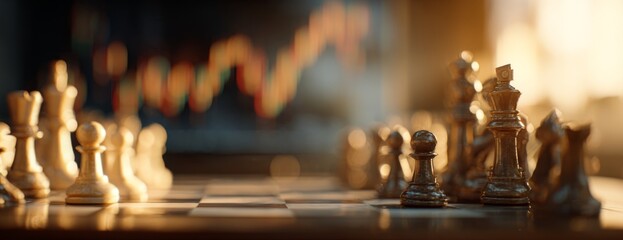 Chess pieces on board with stock market charts in the background  