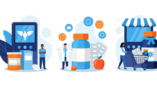 Exploring the evolving world of healthcare, this vector illustration highlights digital pharmacy services, medical advice, and convenient medicine shopping experiences.