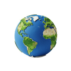 Fototapeta premium A spherical planet earth with green felt landmasses and blue paper oceans, crafted as textured cutouts. isolated on a transparent background with copy space and studio lighting, concept of global