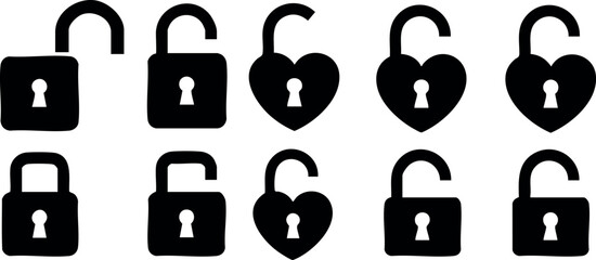 Set of unlocked and locked padlock icons with heart shapes and classic designs in black vector illustration
