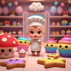 Fototapeta premium Little chef in colorful candy store.