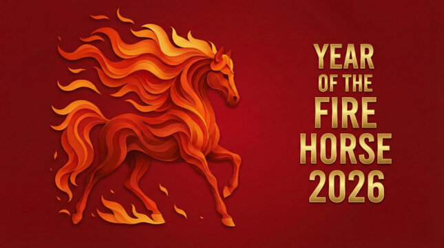Flat vector illustration of calligraphy typography "Happy Chinese New Year 2026" greeting card, Lunar celebration, Year of the fire horse, zodiac sign, template, banner, poster, graphic design 