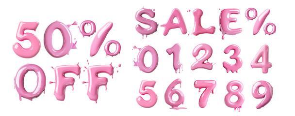 Pink glossy liquid style alphabet, numbers and percent symbols with drips for sale promotions, discounts and festive marketing visuals.