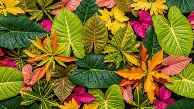 Vibrant tropical leaves in various colors and shapes