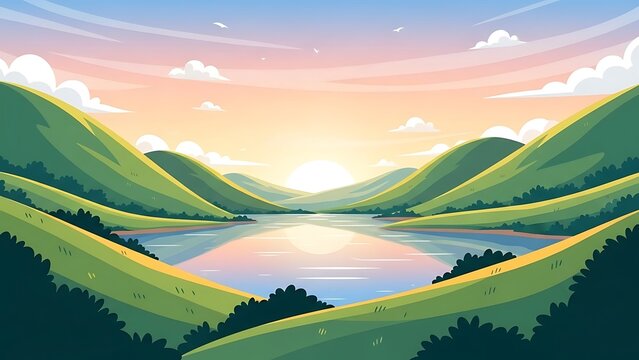 Serene lake landscape with rolling hills.