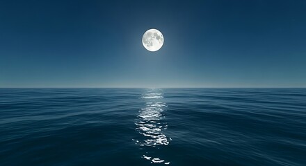 Tranquil ocean scene with full moon reflecting on the water at night