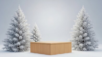 Wooden box between snow covered pine trees in winter landscape