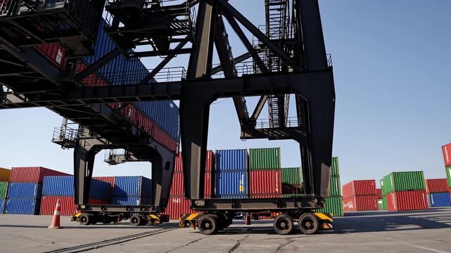 Lively Port Scene, Busy Harbor With Active Freight, Energetic Port Bustling With Machinery And Vehicles, Vibrant Dock Environment Filled With Movement And Industrial Activity