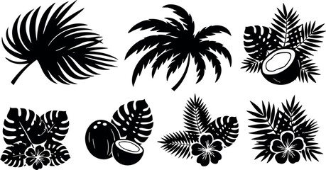 Tropical palm leaves and coconut vector silhouettes with hibiscus flowers in black and white design elements for summer decor and nature themes