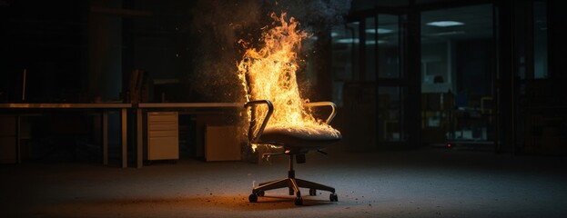 Office chair engulfed in flames in dark workspace environment  