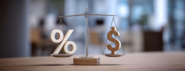 Percentage and dollar symbols balanced on scale in modern office setting  