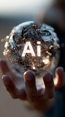 Person holding a transparent sphere with glowing AI digital data, vertical photo