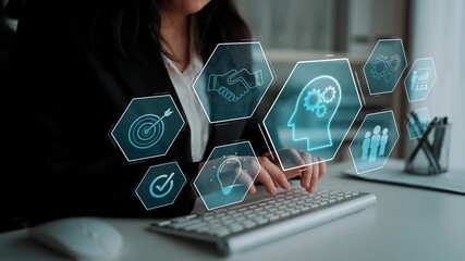 Head with gear and icons representing learning, digital training, and development process, showing skill growth for human or AI systems through knowledge or task optimization Marrow - Powered by Adobe