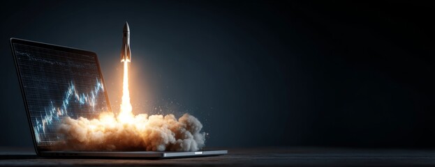 Rocket launching from laptop showcasing digital business growth  
