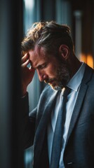 Businessman experiencing stress while standing near window in office, vertical photo