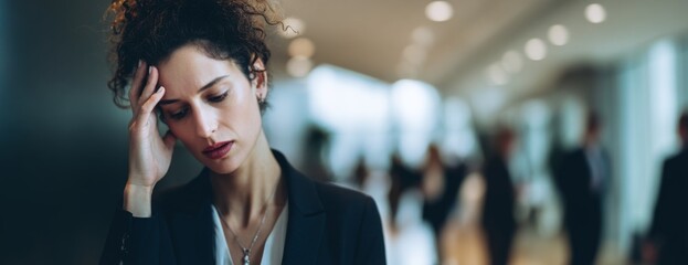 Young businesswoman feeling stressed while standing in modern office  