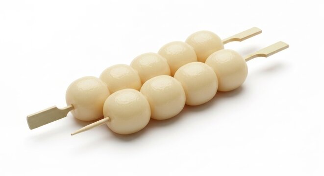 Skewered mochi dumplings, arranged neatly on a white surface, food photography