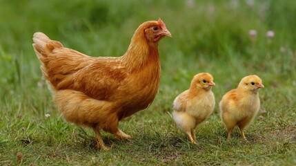 Fototapeta premium Mother hen walking alongside her two adorable yellow chicks on a grassy field during a sunny day in a rural setting