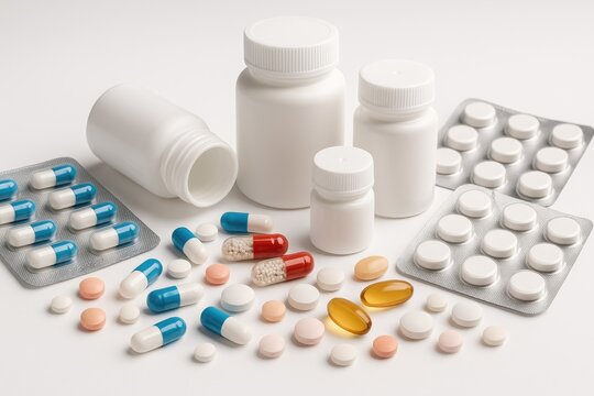 Collection of assorted medicine pills and capsules scattered around white medicine bottles.