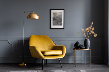 elegant yellow armchair next to a gold arc floor lamp and side table with decor