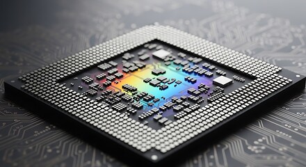 Close-up of a modern computer processor chip with colorful circuitry.