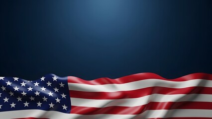 Waving american flag on dark blue background with light shining down representing patriotism and national pride
