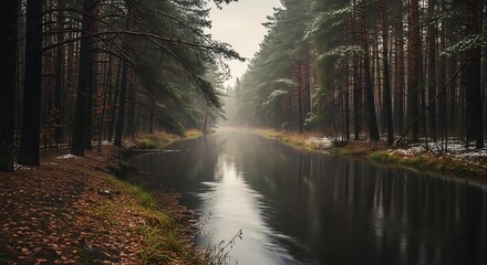 Tranquil river flowing through dense forest landscape with atmospheric mist