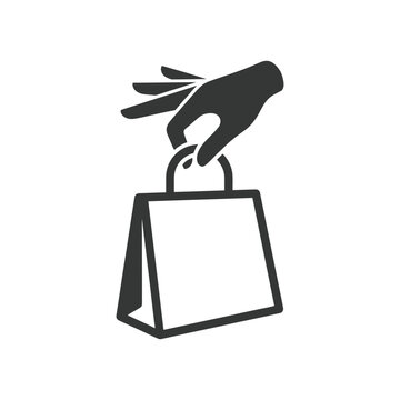 A black silhouette of a hand dropping something into a paper shopping bag