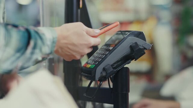 Individual swiftly completes secure contactless payment using smartphone at bustling store checkout counter