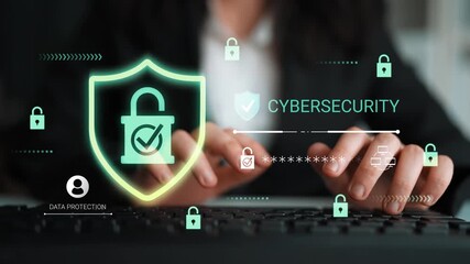Cybersecurity Concept with Data Protection Elements, Digital Lock Icons, and Hands on Keyboard Representing Safety in Online Transactions and Information Security Gluon. - Powered by Adobe
