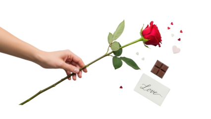 Hand holding single red rose with chocolate and 'Love' note isolated PNG with Transparent Background