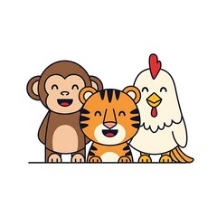 Cartoon monkey tiger and chicken friends.