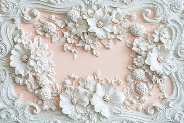 Intricate three dimensional floral plaster molding frames a pale peach center