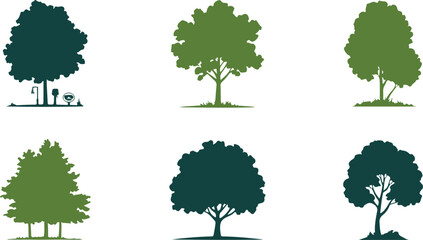 Set of green trees forming a natural collection of forest plants in summer style illustration