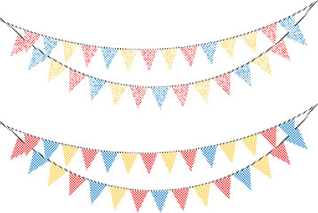 Obraz premium Festive colorful party bunting decoration with red yellow and blue flags for celebration events isolated on transparent background, Vector