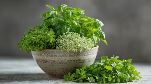 Fresh basil thyme oregano parsley herb potted plant bowl with mixed green aromatic leaves