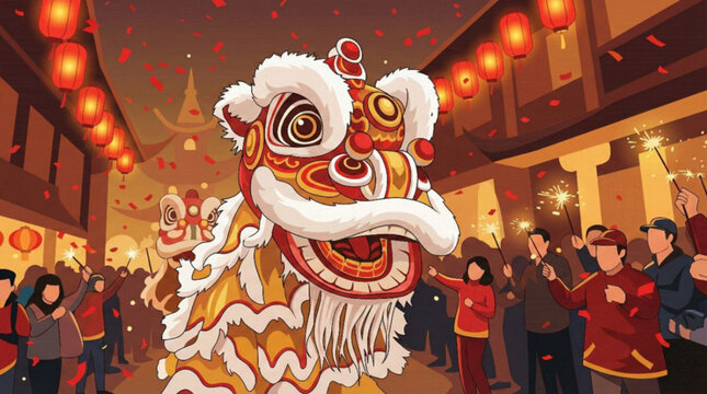 Vector illustration : chinese lion dance costume performance, chinese lanterns, chinatown outdoors, people, night - Chinese New Year Lunar celebration, Beijing travel, tourism, luck, prosperity