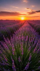 Fototapeta premium Lavender field at sunset landscape view.