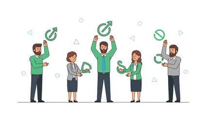 Diverse business people holding symbols representing gender equality and business growth