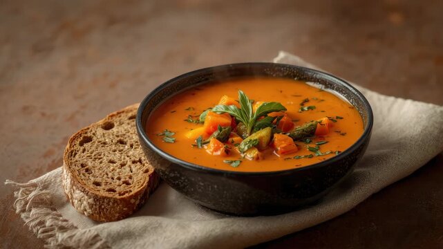 Creamy tomato soup with roasted vegetable and basil served with whole grain bread