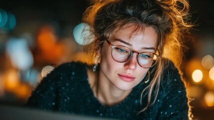 Young Woman in Glasses Concentrating on Computer Screen at Night