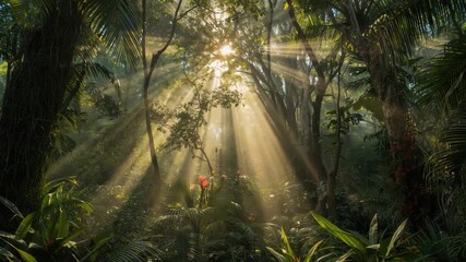 Lush tropical rainforest with sunbeam sunlight streaming through dense jungle canopy, misty serene - Powered by Adobe