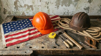 A collection of vintage work tools, safety gear, and an American flag arranged on a rustic wooden workbench against a textured wall.