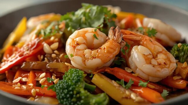 Succulent shrimp stir fry with broccoli, carrot, bell pepper, peanuts, cilantro and sesame garnish
