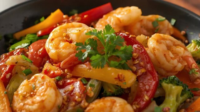 Spicy shrimp stir fry with bell pepper, broccoli and carrot savory vibrant herbs garlic