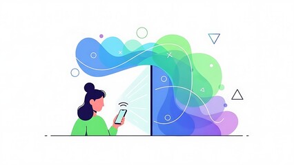 Obraz premium Woman using smartphone with abstract digital background.