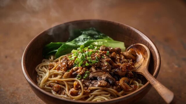 Steaming noodle mushroom bok choy bowl with green onion sesame sauce, comforting aromatic