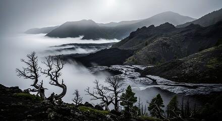 Dramatic landscape with mountains and mist under overcast skies