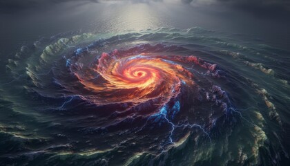Giant swirling deep sea vortex with glowing core under dark stormy sky