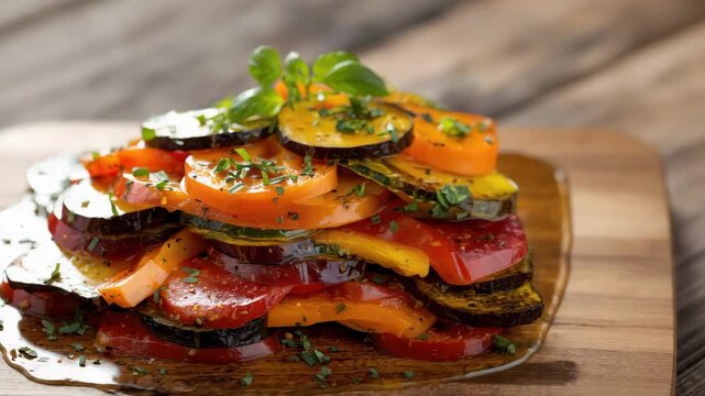 Heirloom tomato roasted vegetable stack drizzled with olive oil basil parsley zucchini